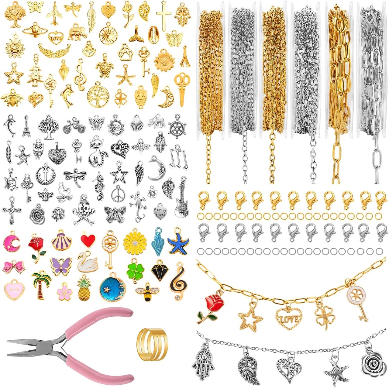 18K Gold-Plated Stainless Steel Jewelry Chain Kit – 6 Rolls (19.7ft Total) with 348 Charms, Jump Rings & Lobster Clasps | DIY Necklace & Bracelet Making Set